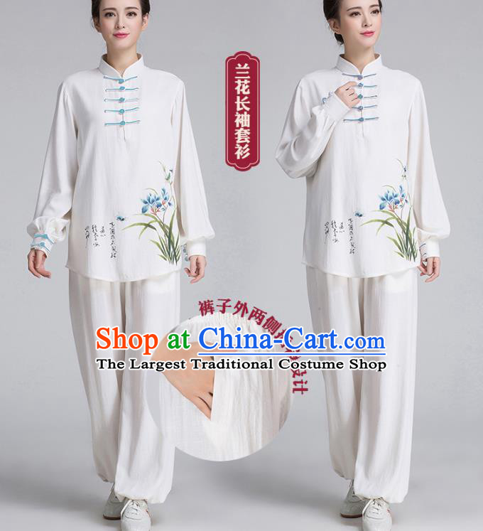 China Hand Painting Orchids White Flax Uniforms Traditional Martial Arts Tai Chi Clothing