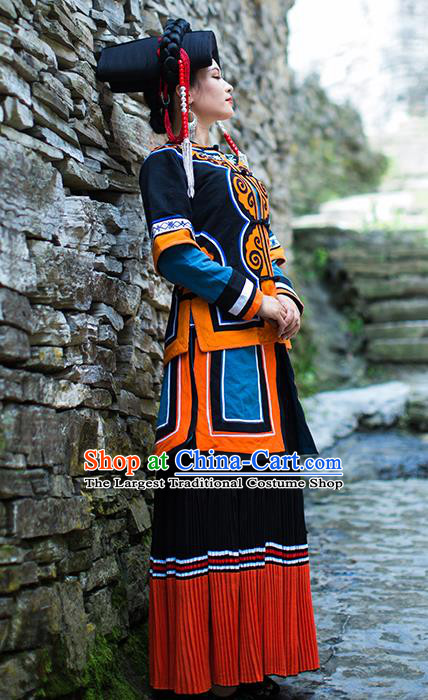 Chinese Yi Nationality Dress Stage Show Clothing Ethnic Woman Folk Dance Outfits Costumes and Hat