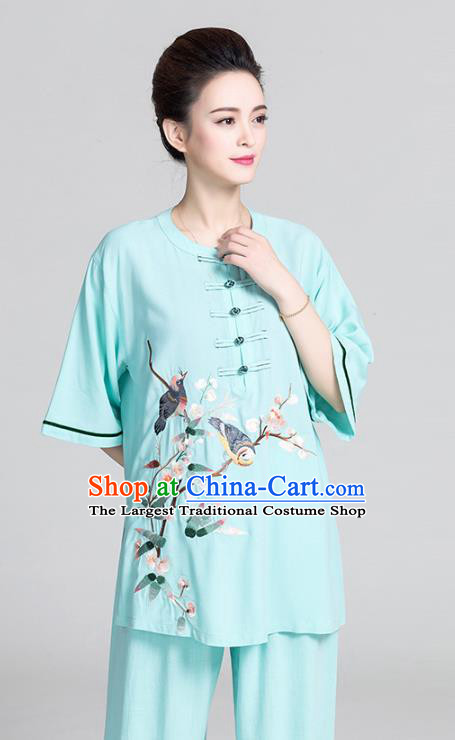 China Women Summer Martial Arts Clothing Tai Chi Kung Fu Printing Flowers Bird Green Uniforms