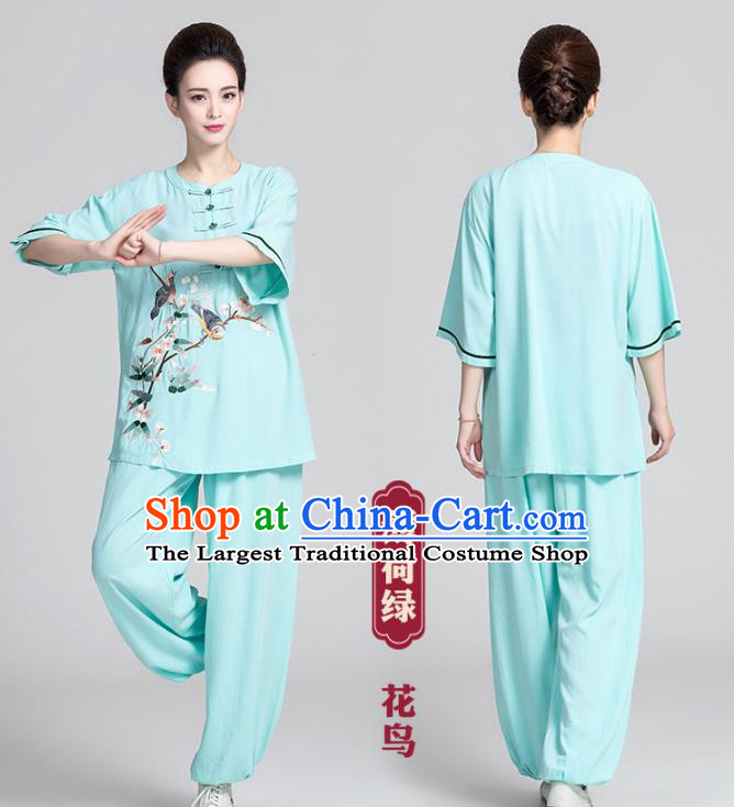 China Women Summer Martial Arts Clothing Tai Chi Kung Fu Printing Flowers Bird Green Uniforms