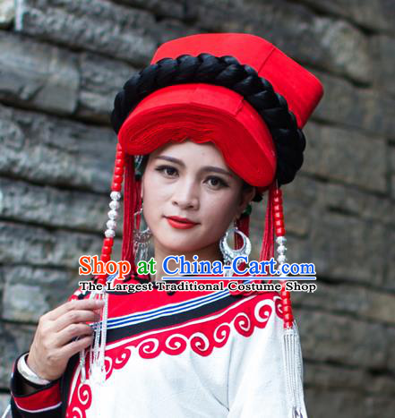 China Traditional Yi Nationality Tassel Red Hat Liangshan Ethnic Minority Tile Headwear for Women