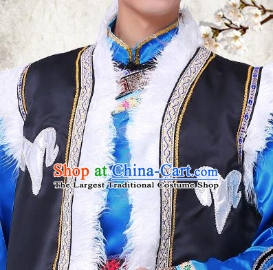 China Qiang Nationality Folk Dance Costumes Suchuan Province Ethnic Minority Male Blue Outfits and Hat