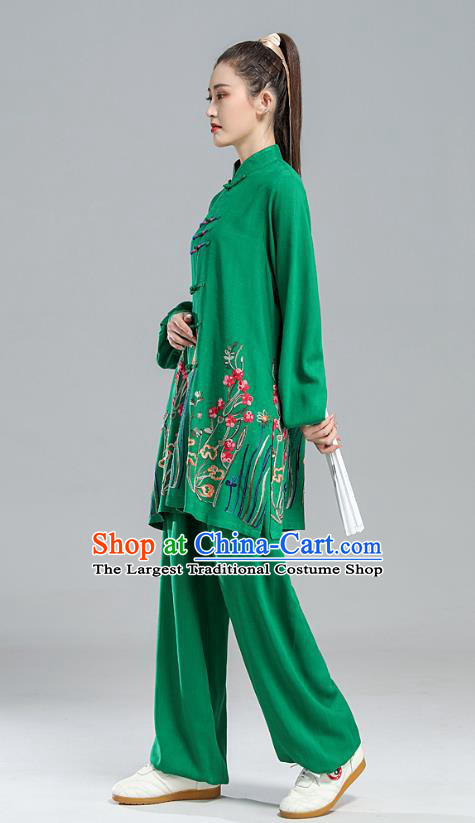 China Tai Chi Performance Clothing Kung Fu Embroidered Costumes Martial Arts Competition Green Uniforms