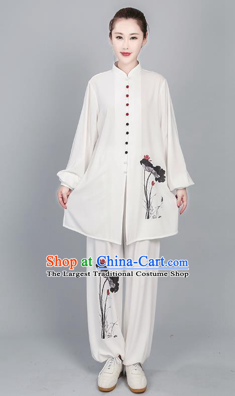 China Tai Chi Training Clothing Kung Fu White Flax Costumes Martial Arts Ink Painting Lotus Uniforms