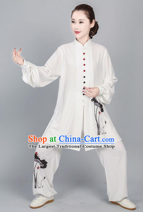 China Tai Chi Training Clothing Kung Fu White Flax Costumes Martial Arts Ink Painting Lotus Uniforms