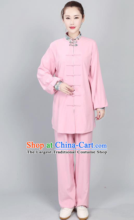 China Martial Arts Pink Flax Uniforms Tai Chi Training Clothing Kung Fu Performance Costumes