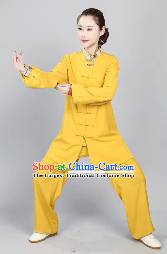 China Kung Fu Performance Costumes Martial Arts Yellow Flax Uniforms Tai Chi Training Clothing