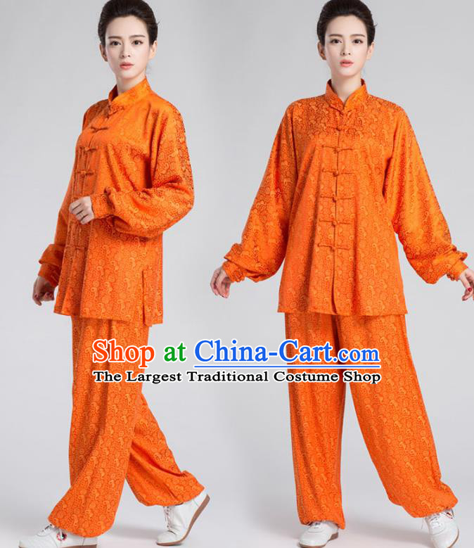 China Women Kung Fu Costumes Traditional Tai Chi Performance Orange Silk Uniforms
