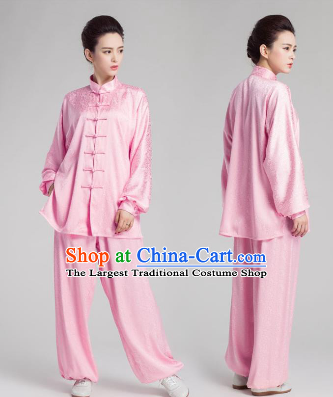 China Traditional Tai Chi Performance Pink Silk Uniforms Kung Fu Training Costumes