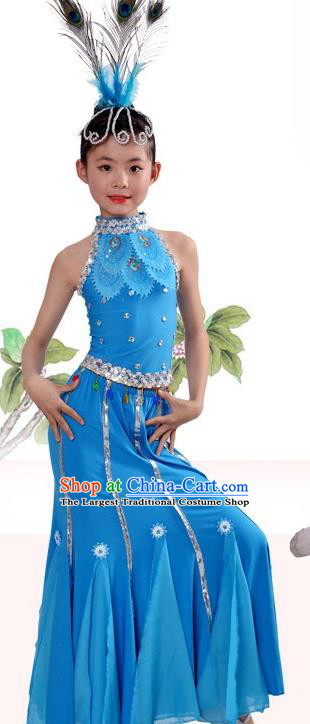 Top Stage Performance Clothing China Children Day Dance Blue Dress Dai Nationality Minority Costume