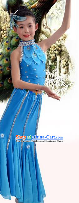 Top Stage Performance Clothing China Children Day Dance Blue Dress Dai Nationality Minority Costume