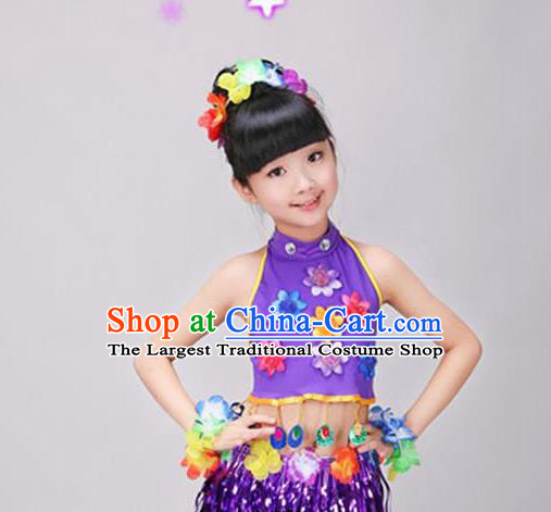 Top Hawaiian Dance Dress Stage Performance Clothing Children Day Dance Purple Outfits