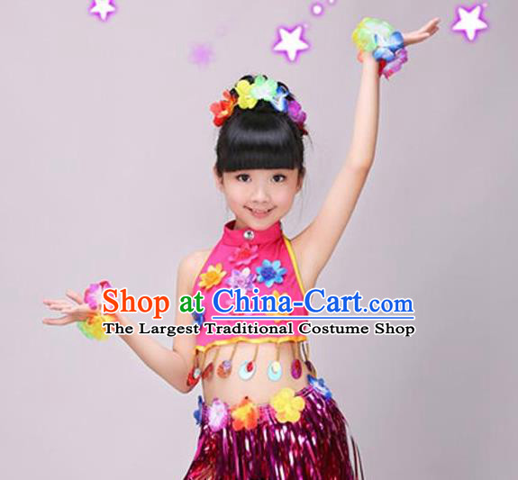 Top Children Day Dance Rosy Outfits Hawaiian Dance Dress Stage Performance Clothing