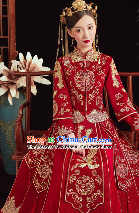 Chinese Traditional Wedding Clothing Bride Embroidered Costumes Classical Xiuhe Suit Red Outfits