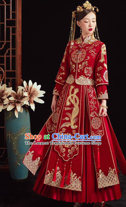 Chinese Traditional Wedding Clothing Bride Embroidered Costumes Classical Xiuhe Suit Red Outfits