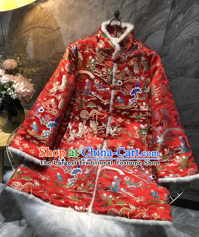China Winter Woman Red Brocade Cotton Padded Jacket Traditional Tang Suit Outer Garment