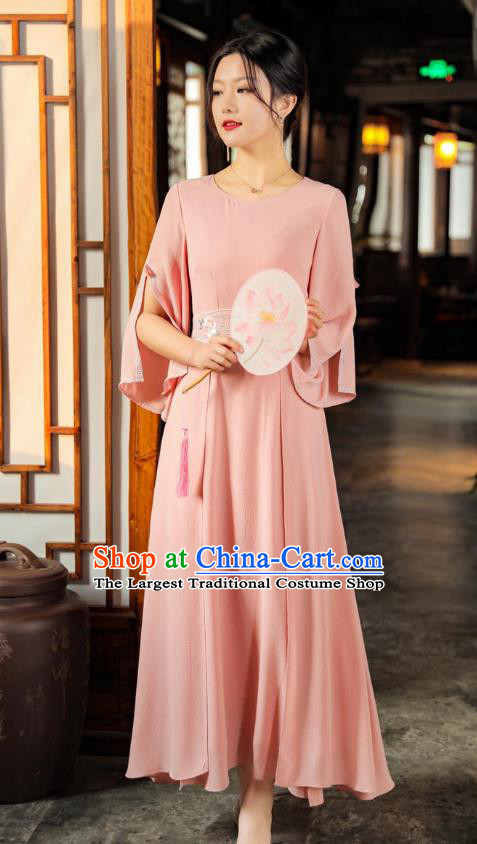 Chinese Traditional Qipao Dress National Embroidered Pink Dress Clothing