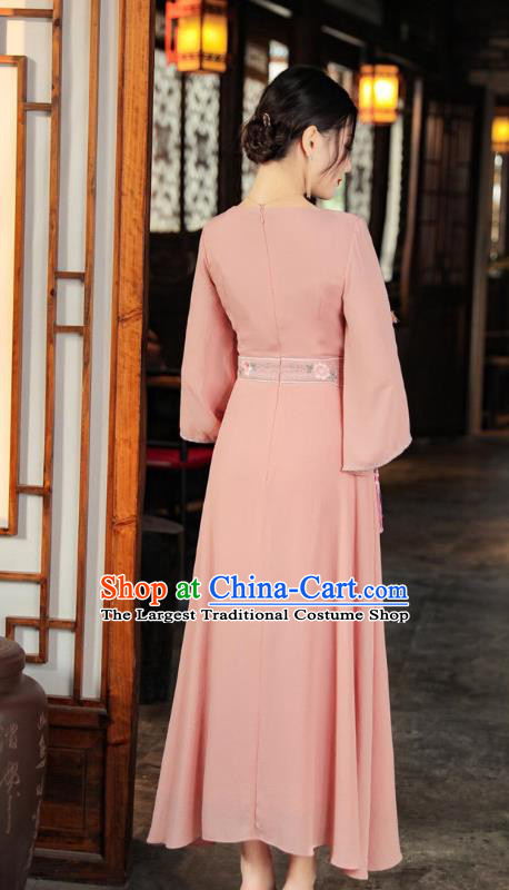 Chinese Traditional Qipao Dress National Embroidered Pink Dress Clothing