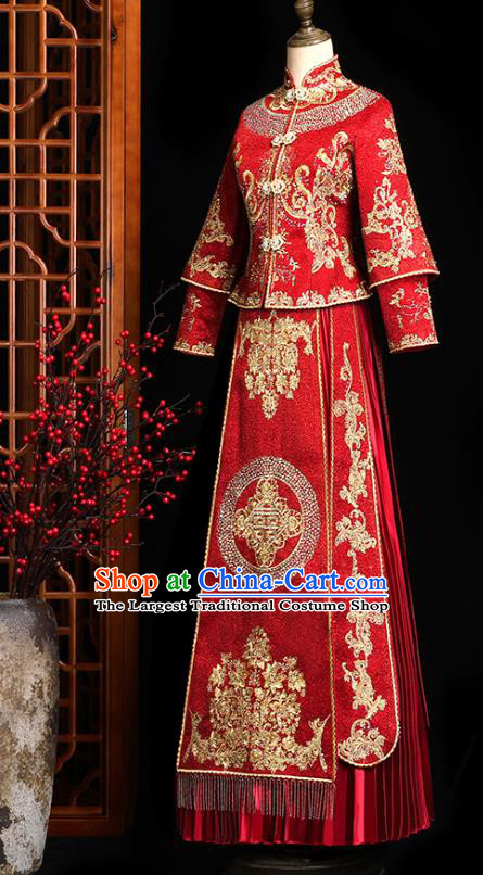 Chinese Classical Bride Embroidered Costumes Xiuhe Suit Drilling Outfits Traditional Wedding Toast Clothing