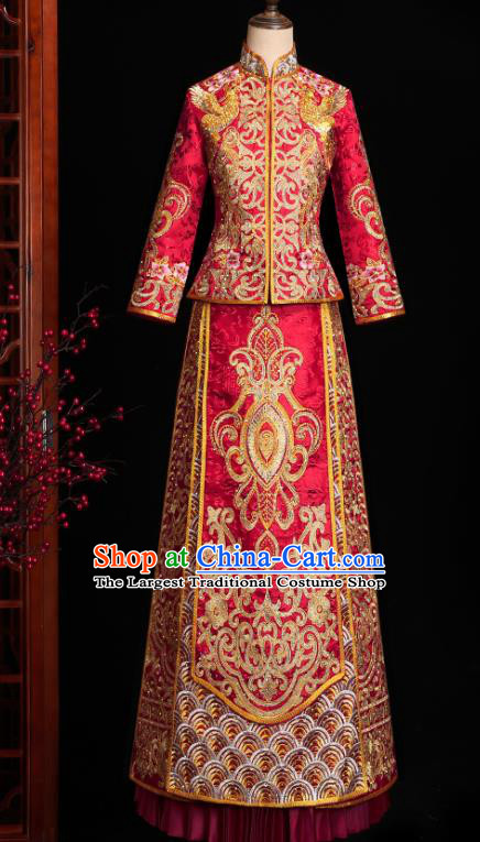 Chinese Traditional Wedding Embroidered Clothing Classical Bride Toast Costumes Xiuhe Suit Drilling Red Outfits