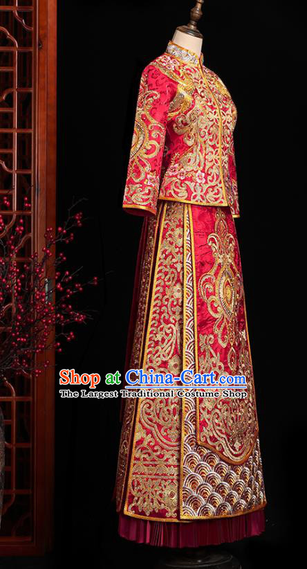 Chinese Traditional Wedding Embroidered Clothing Classical Bride Toast Costumes Xiuhe Suit Drilling Red Outfits