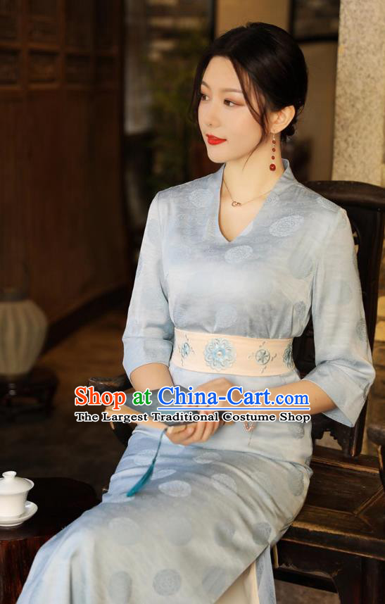 Chinese Traditional Cheongsam National Light Blue Brocade Qipao Dress Clothing