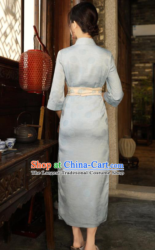 Chinese Traditional Cheongsam National Light Blue Brocade Qipao Dress Clothing