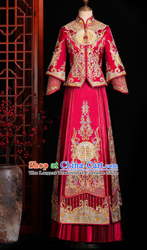 Chinese Traditional Xiuhe Suit Drilling Red Outfits Wedding Embroidered Clothing Classical Bride Toast Costumes