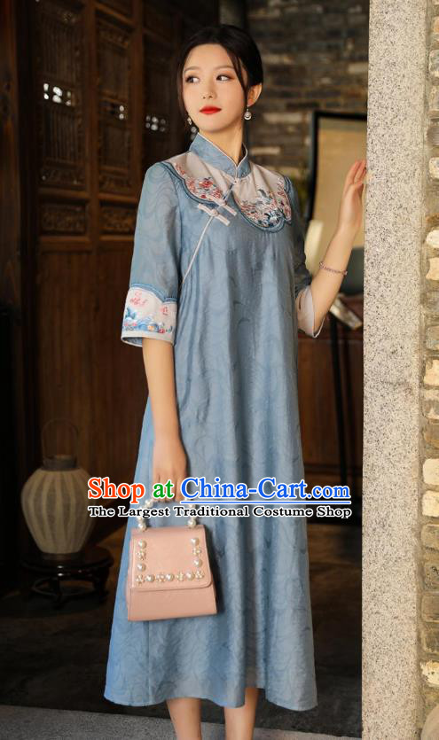 Chinese National Qipao Dress Clothing Traditional Embroidered Blue Cheongsam
