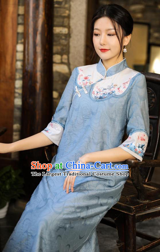 Chinese National Qipao Dress Clothing Traditional Embroidered Blue Cheongsam