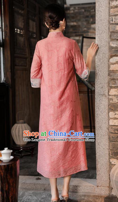 Chinese National Women Clothing Qipao Dress Traditional Embroidered Pink Cheongsam