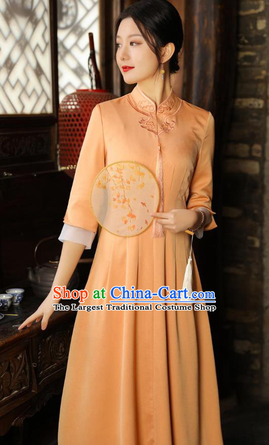Chinese Traditional Embroidered Orange Cheongsam National Women Zen Clothing Qipao Dress