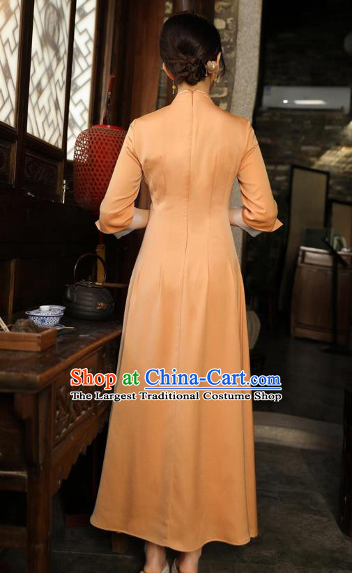Chinese Traditional Embroidered Orange Cheongsam National Women Zen Clothing Qipao Dress