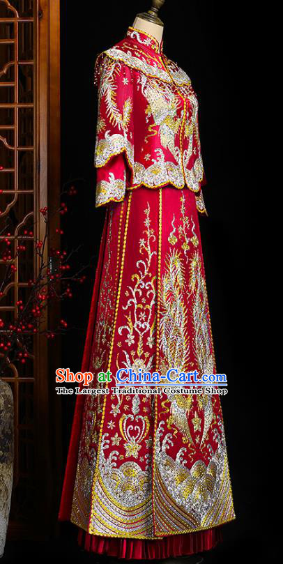Chinese Wedding Embroidered Red Clothing Classical Bride Toast Costumes Traditional Xiuhe Suit Drilling Phoenix Outfits