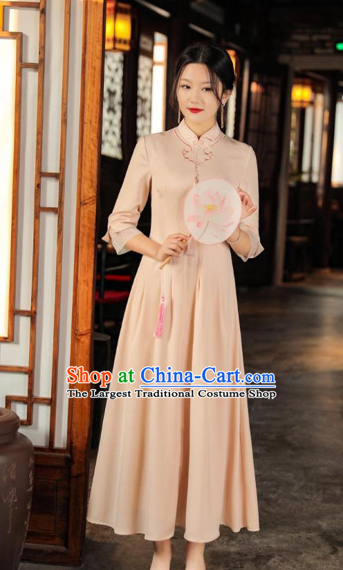 Chinese Apricot Qipao Dress Traditional Embroidered Cheongsam National Women Zen Clothing