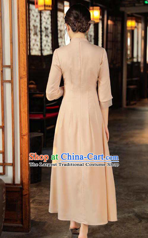 Chinese Apricot Qipao Dress Traditional Embroidered Cheongsam National Women Zen Clothing