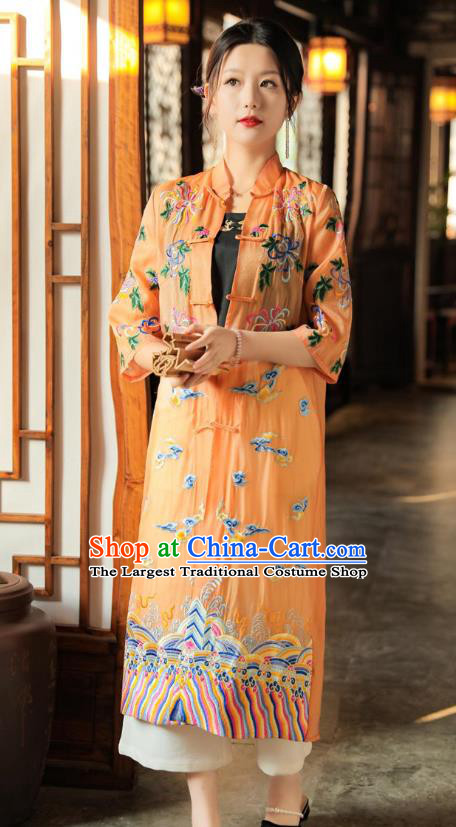 China Traditional Tang Suit Outer Garment Woman Embroidered Orange Dust Coat