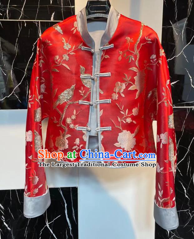 China Traditional Tang Suit Overcoat Woman Embroidered Red Brocade Jacket