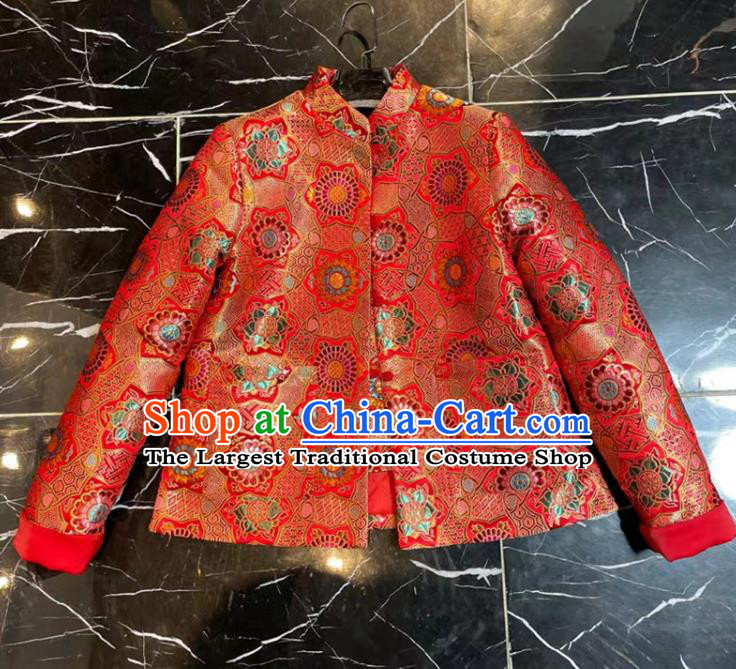 China Woman New Year Red Brocade Jacket Traditional Tang Suit Overcoat