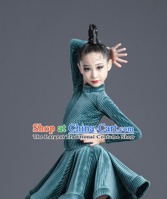 Children Latin Dance Dress Professional Modern Dance Competition Costume Ballroom Dance Green Clothing