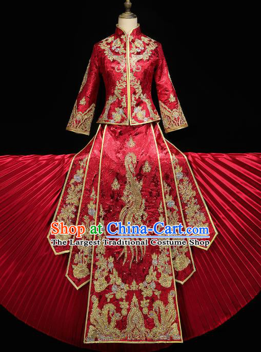 Chinese Bride Toast Costumes Traditional Embroidered Red Xiuhe Suit Wedding Diamante Golden Phoenix Outfits Clothing