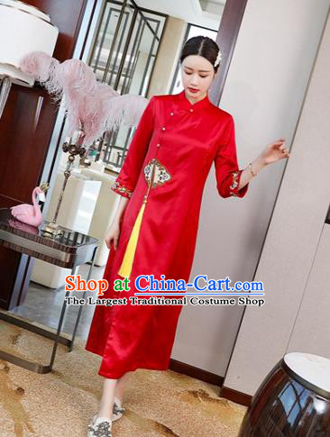 Chinese Classical Embroidered Red Silk Qipao Dress Traditional Cheongsam National Women Zen Clothing
