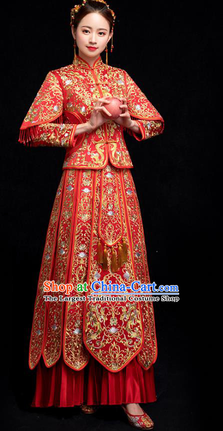 Chinese Ancient Bride Embroidery Costumes Traditional Xiuhe Suit Wedding Toast Clothing Red Tassel Outfits