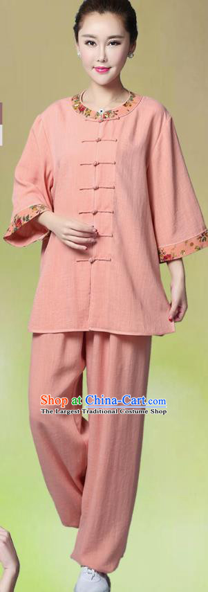 China Woman Summer Kung Fu Training Clothing Traditional Tai Chi Competition Pink Flax Uniforms