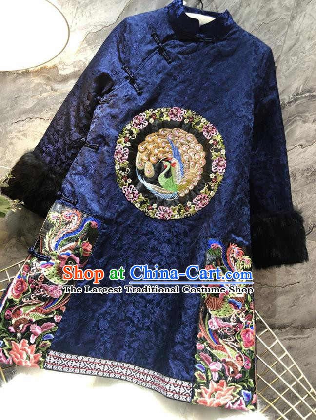 Chinese National Women Winter Clothing Classical Embroidered Phoenix Qipao Dress Traditional Royalblue Cheongsam