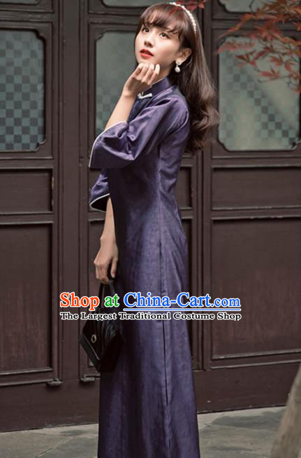 Chinese National Wide Sleeve Cheongsam Traditional Women Clothing Deep Purple Qipao Dress