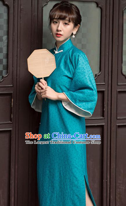 Chinese Green Qipao Dress National Wide Sleeve Cheongsam Traditional Young Lady Clothing