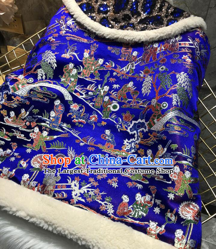 China Traditional Tang Suit Winter Cotton Padded Coat Woman Classical Royalblue Brocade Jacket