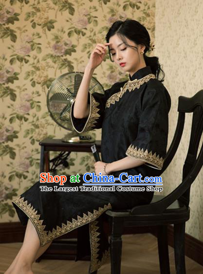 Chinese Shanghai Qipao Dress Traditional Young Lady Clothing National Wide Sleeve Black Cheongsam