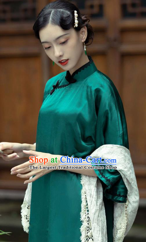 Chinese National Wide Sleeve Green Silk Cheongsam Shanghai Qipao Dress Traditional Young Mistress Clothing
